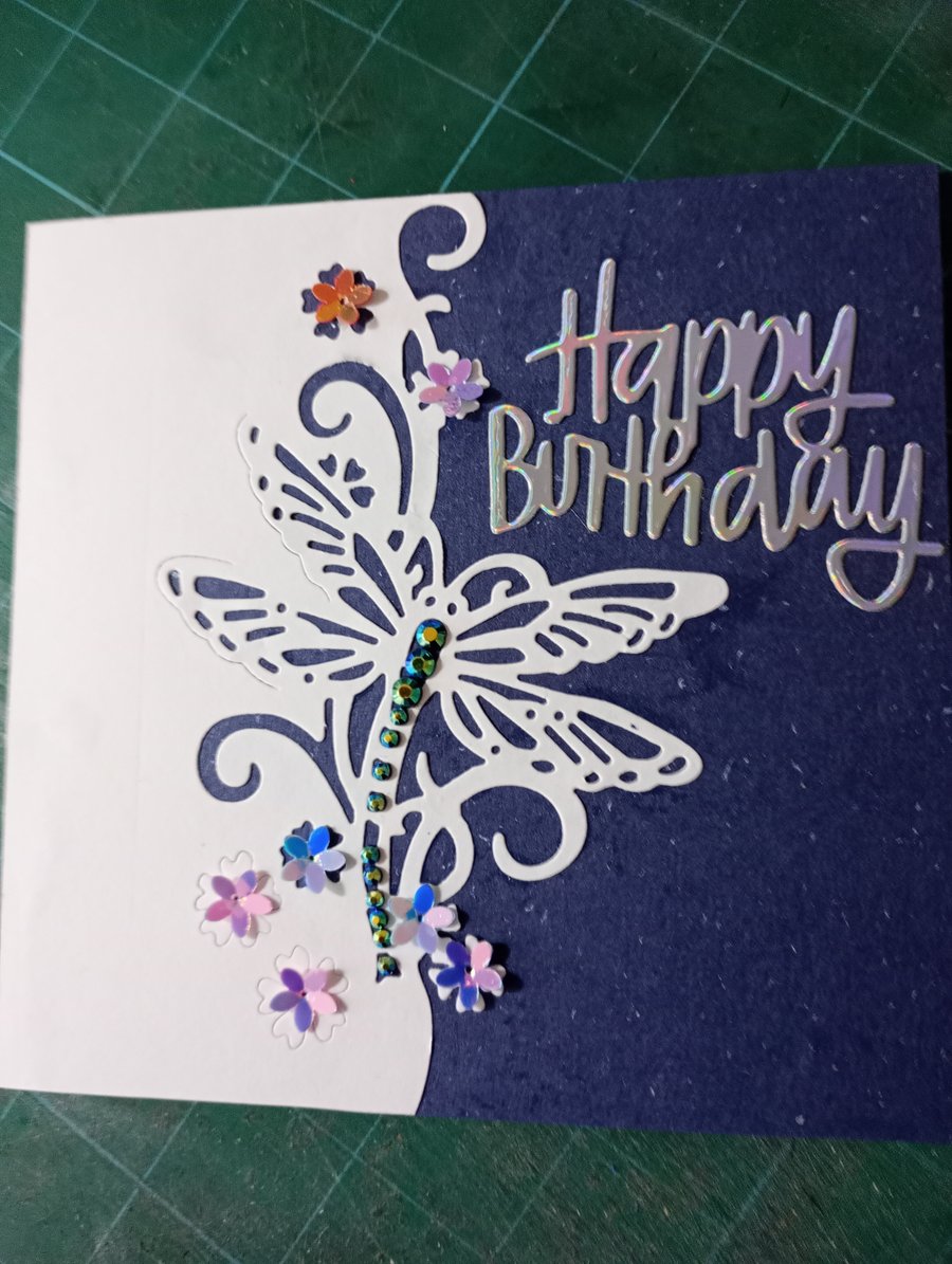 Navy dragonfly birthday card 