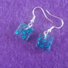 Square blue metallic flakes resin earrings