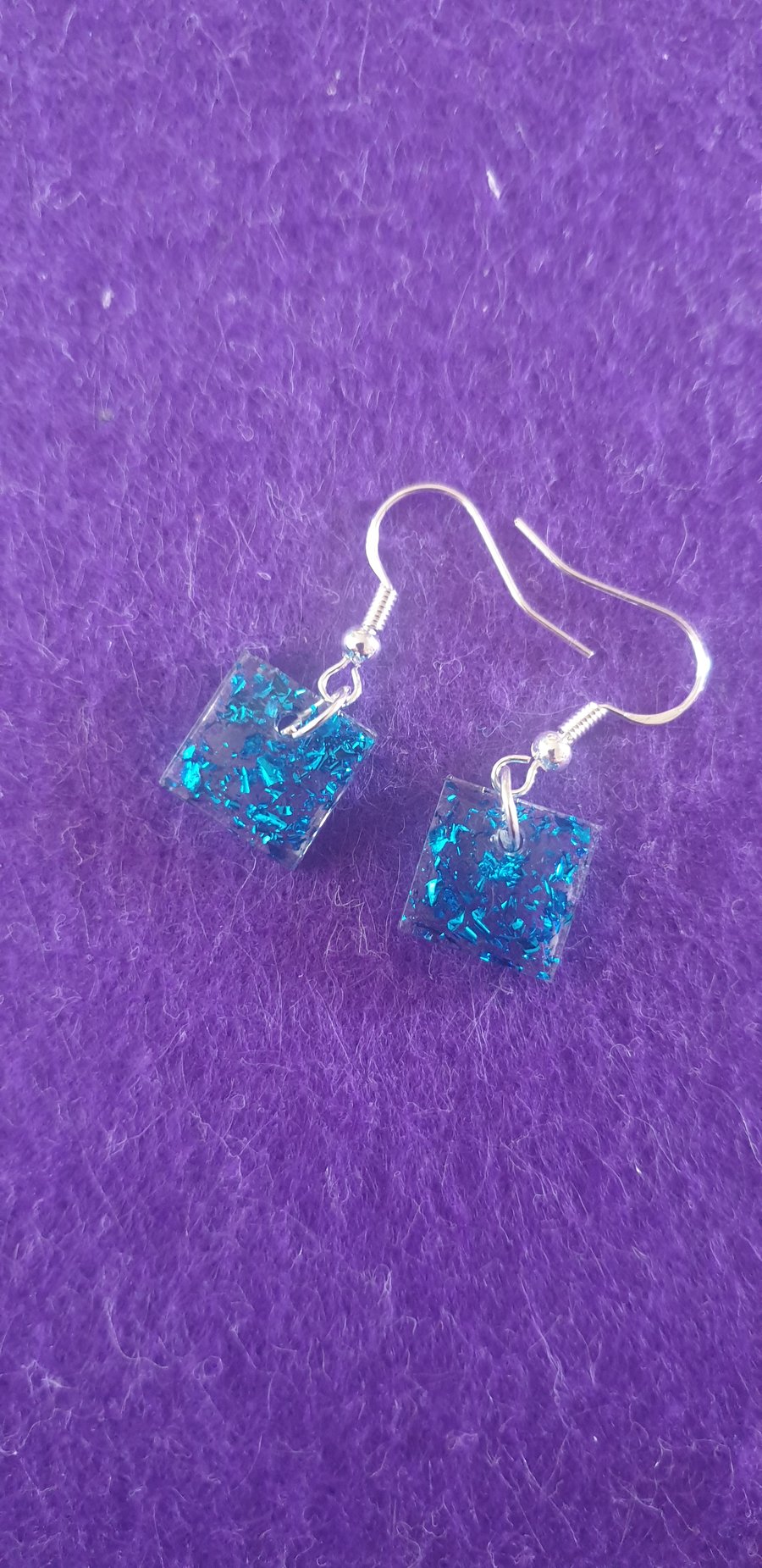 Square blue metallic flakes resin earrings