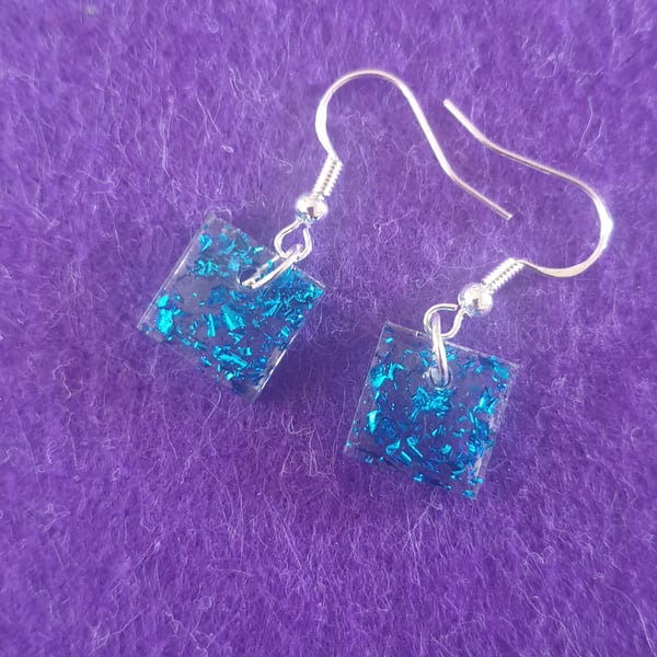 Square blue metallic flakes resin earrings