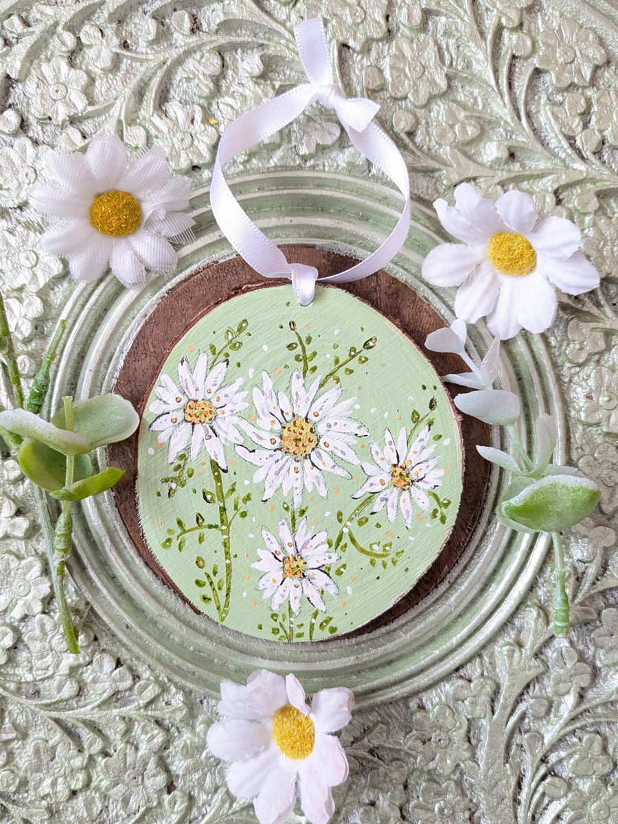 Daisy hand-painted April Birth flower log slice decoration 