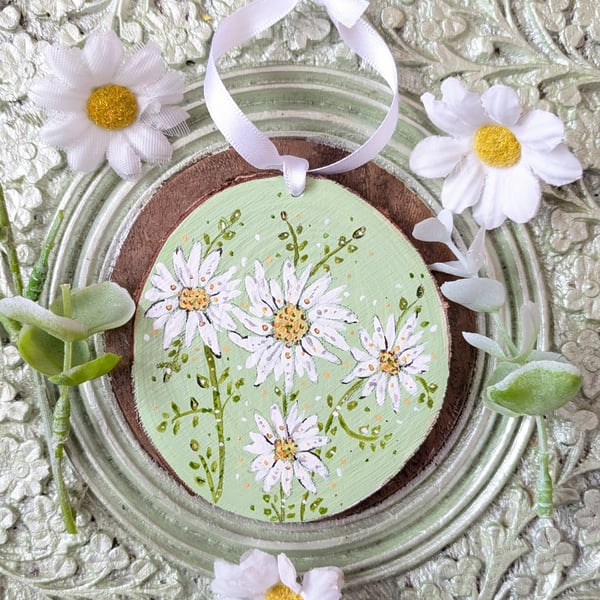 Daisy hand-painted April Birth flower log slice decoration 