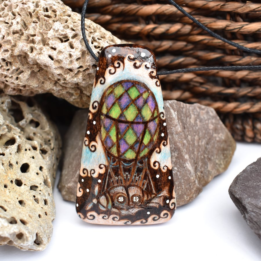 The unusual balloon. Pyrography airship wooden pendant, wood gift.