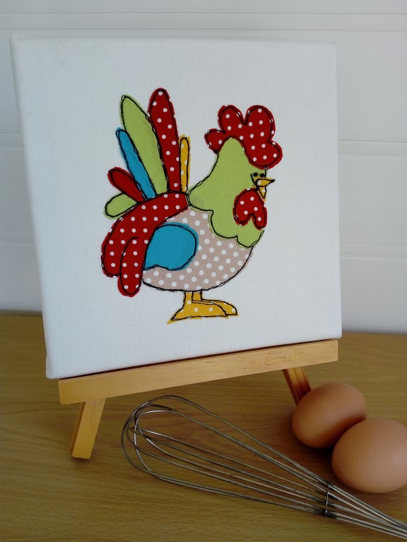 Chicken Character Embroidered Textile Art Canvas
