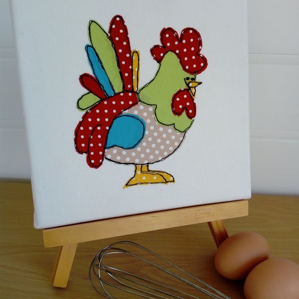 Chicken Character Embroidered Textile Art Canvas