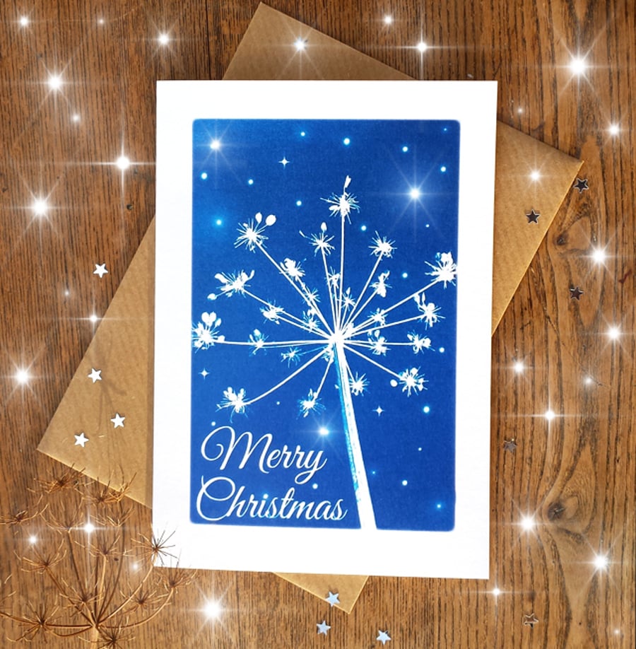 Merry Christmas Cow Parsley Cyanotype Card