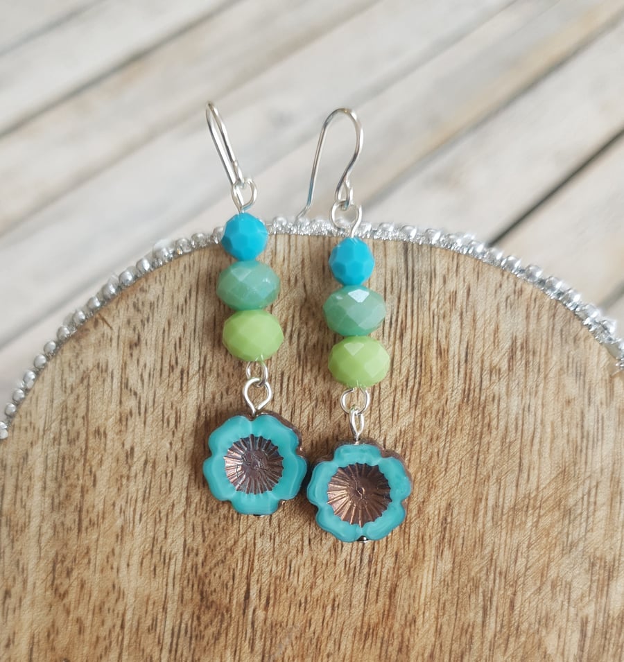 Green Pastel Mix Czech Glass Flower Dangle Earrings