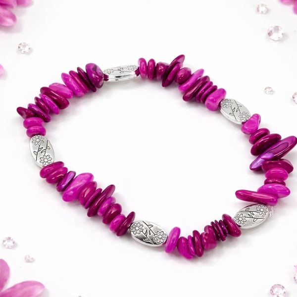 Hot Pink Shell Bead Bracelet.