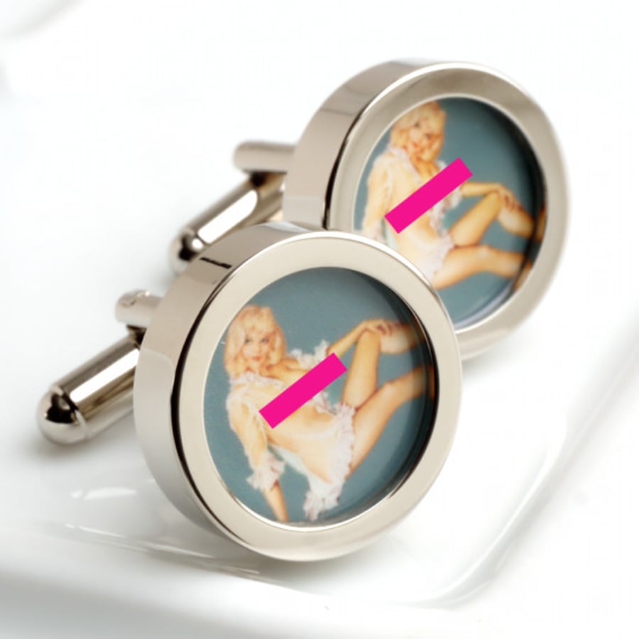 Erotic Vintage Pin Up Cufflinks Blonde in See-Through White