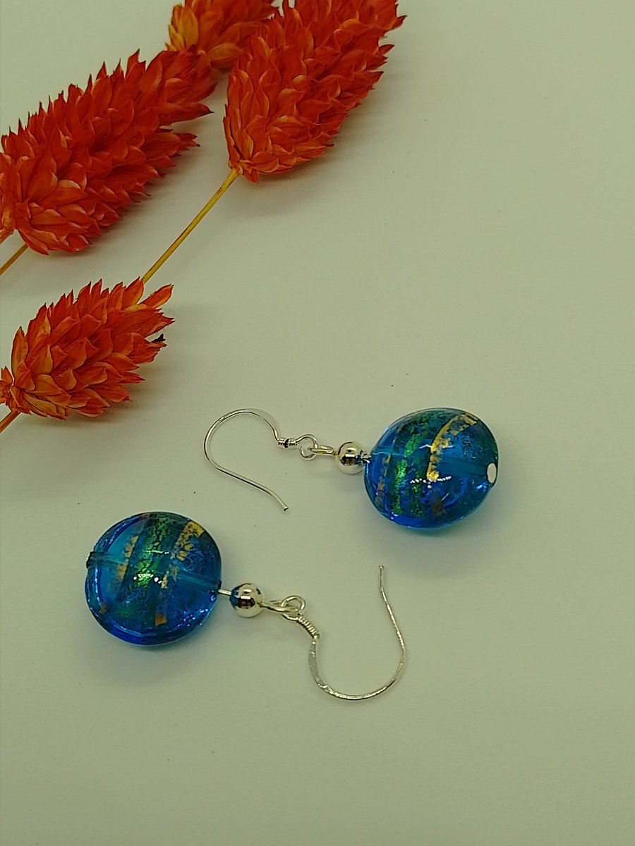 Sea Blue Green Murano Glass Earrings, 22kt Gold Foil, Sterling Silver Ear Wires