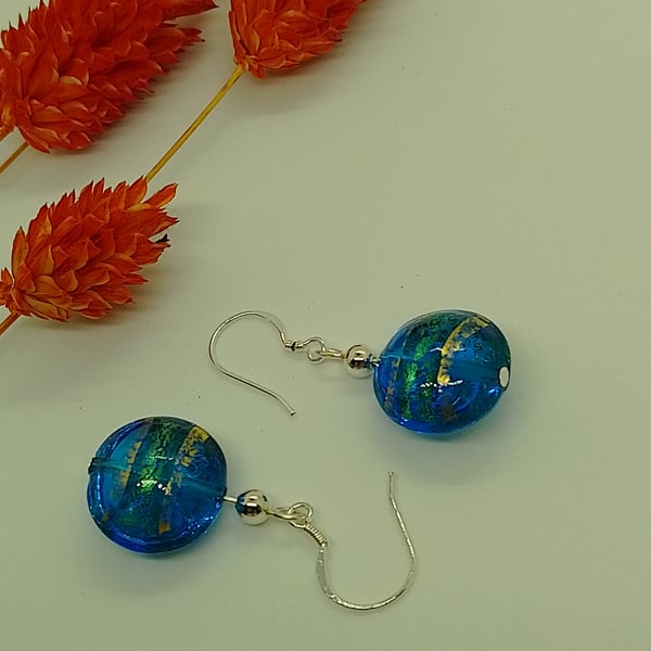 Sea Blue Green Murano Glass Earrings, 22kt Gold Foil, Sterling Silver Ear Wires