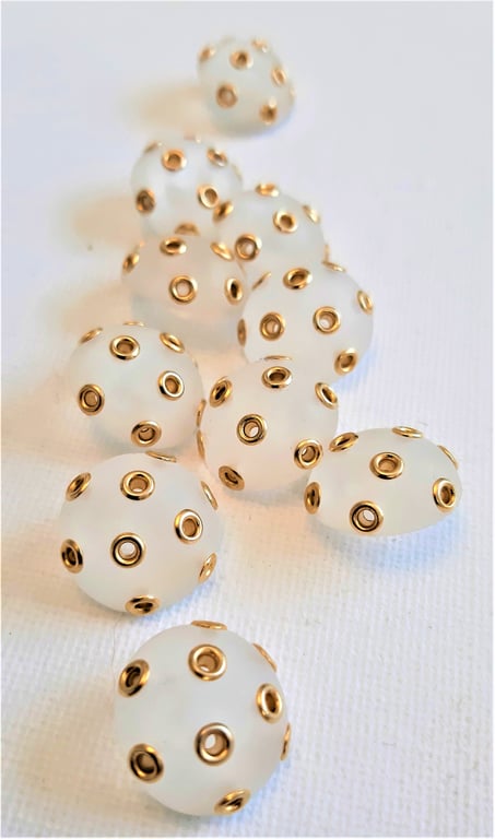 10 frosted clear white and gold dome buttons, 18mm diameter