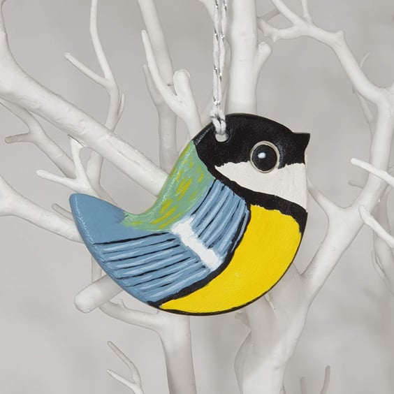 Bird hanging decoration, clay great tit, gift for a bird lover