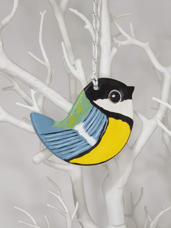 Bird hanging decoration, clay great tit, gift for a bird lover