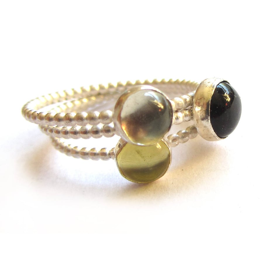 Set of 3 silver stacking rings lemon quartz, prasiolite, smoky quartz