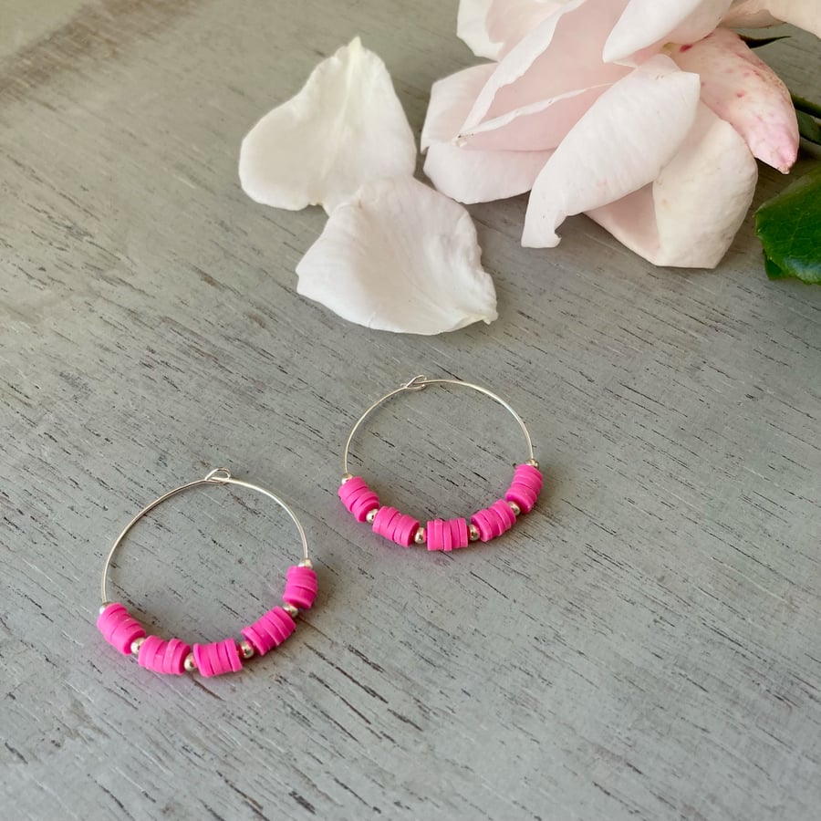 Bright Pink Heishi Bead Hoop Earrings, sterling silver