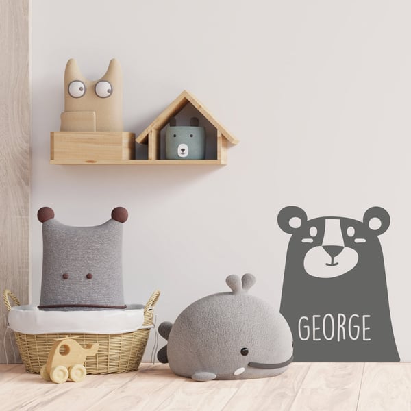 Cute Bear Wall Sticker Personalised With Name Woodland Forest Themed Home Decor