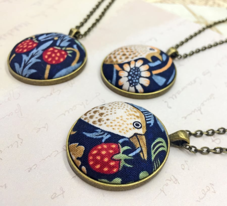 Bird pendant Strawberry Thief William Morris fabric button arts and crafts