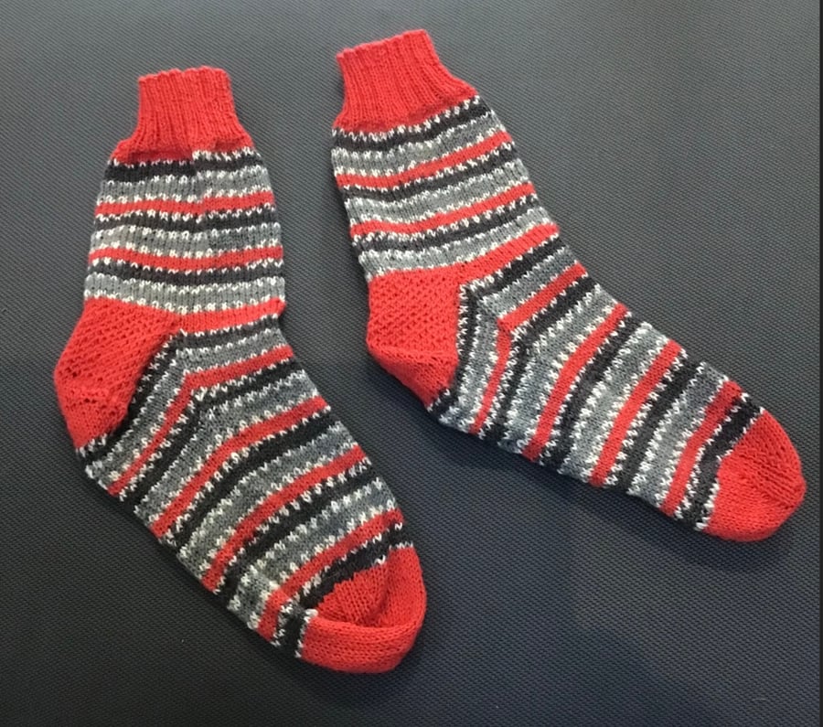 Hand Knit  socks red grey striped