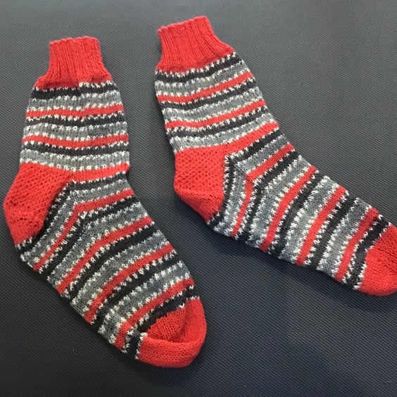 Hand Knit  socks red grey striped