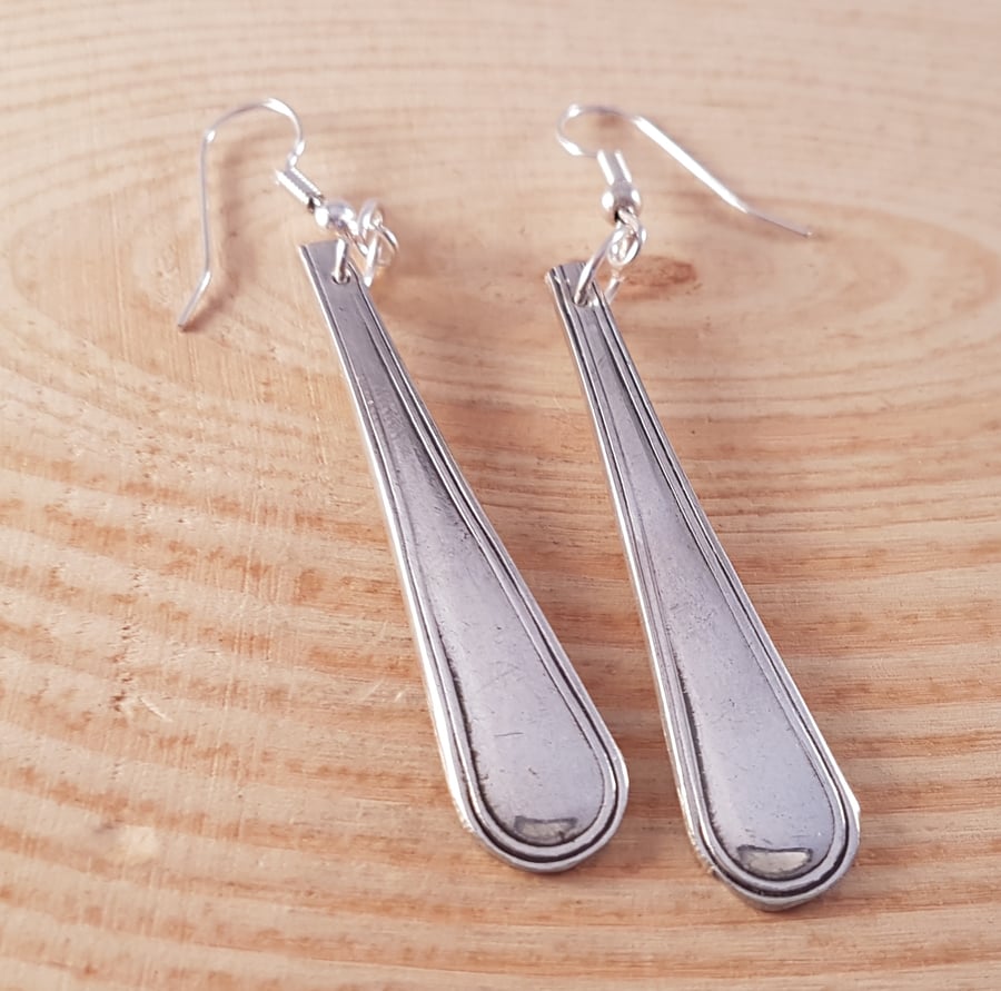 Upcycled Silver Plated Britannia Tong Handle Drop Dangle Earrings SPE071701