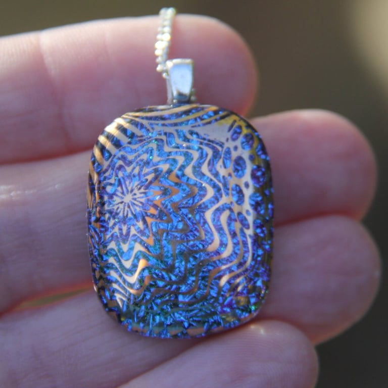 Dichroic blue and gold wavy pendant,  blue and gold fused glass necklace F37