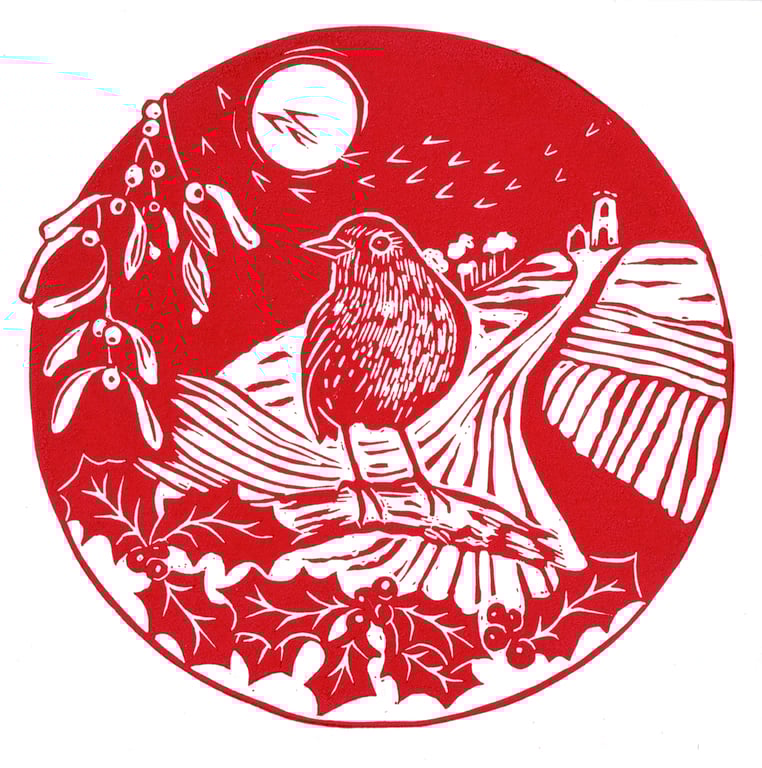 Robin Winter Scene- Handprinted Christmas card