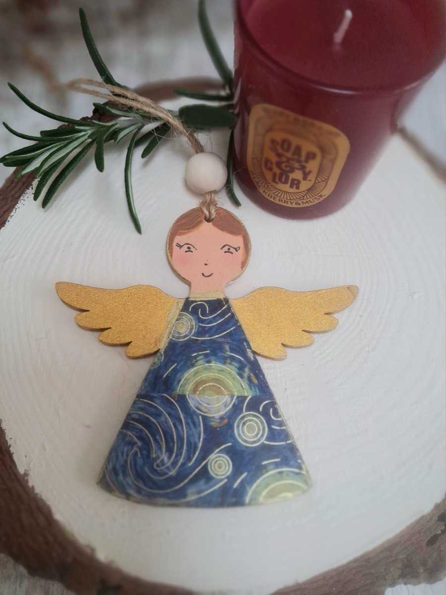 Starry Night Van Gogh Inspired Folk  Art Angels Hanging Decoration