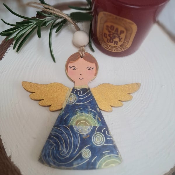 Starry Night Van Gogh Inspired Folk  Art Angels Hanging Decoration