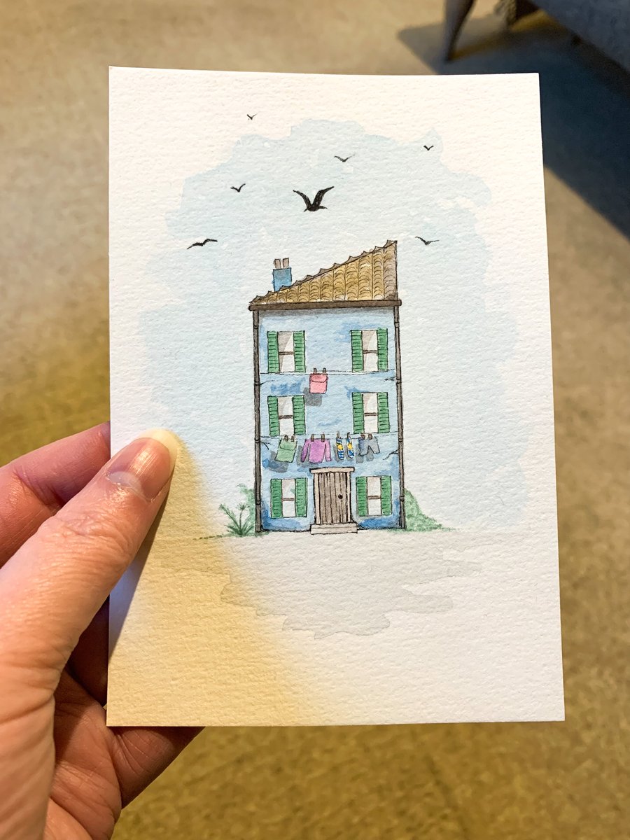 Miniature blue house watercolour painting - original hand painted artwork.