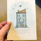 Miniature blue house watercolour painting - original hand painted artwork.