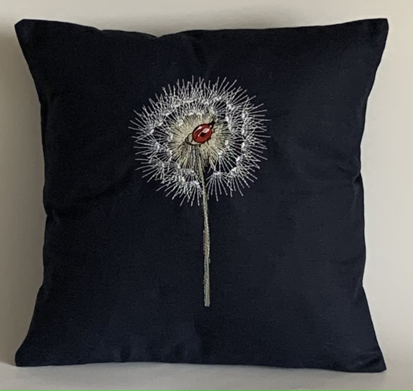 Beautiful Dandelion & Ladybird Embroidered Cushion Cover BLACK 