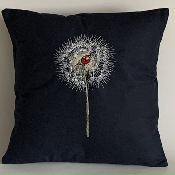 Beautiful Dandelion & Ladybird Embroidered Cushion Cover BLACK 