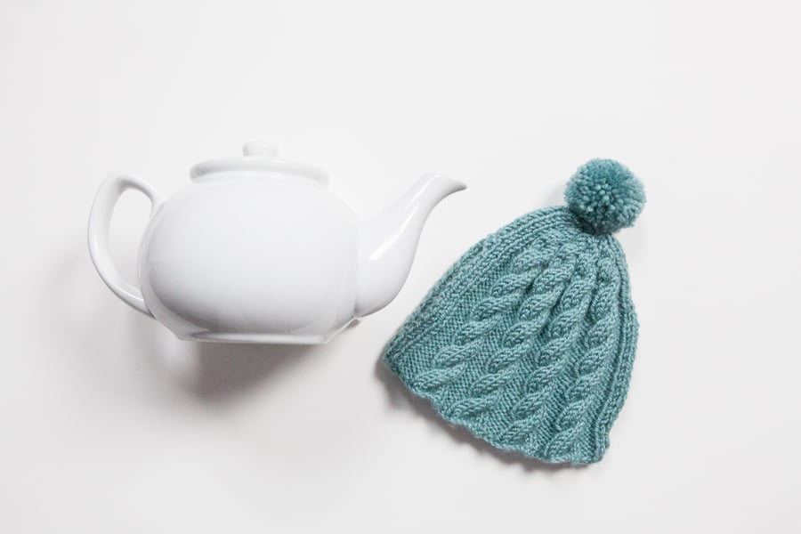 Teal hand knitted tea cosy - Pom pom tea cosy - Teapot cover & warmer