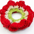 Handmade red cream and green crochet Scrunchie 