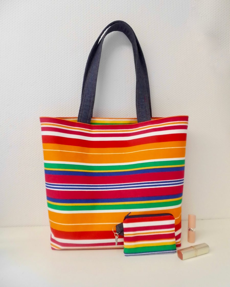 Striped canvas tote bag large with matching purse