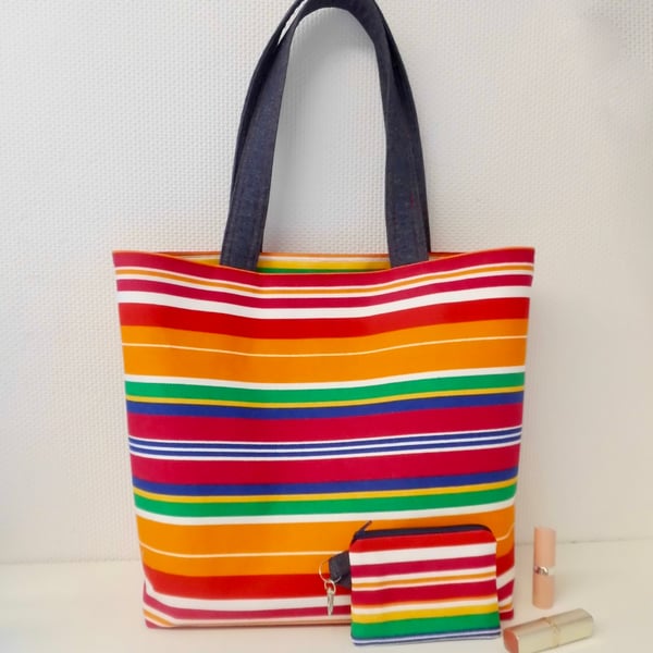 Striped canvas tote bag large with matching purse