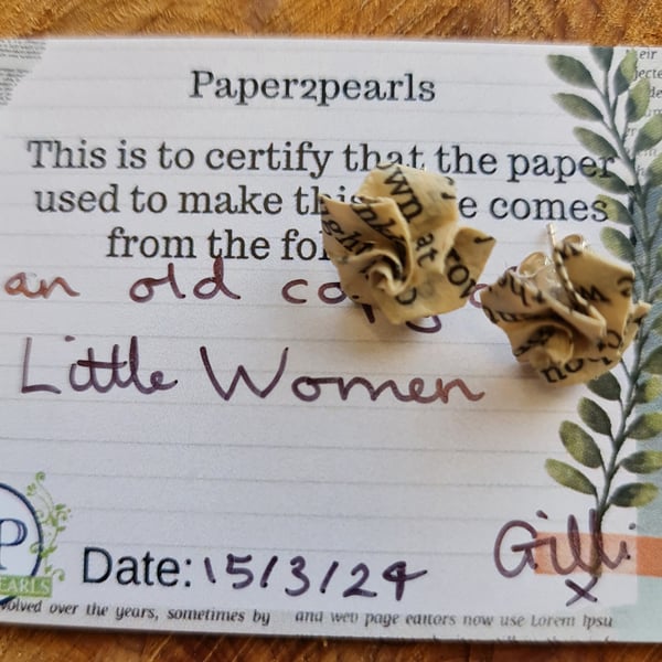 Handmade Little Women Book Page Rose Earrings: surgical steel or Sterling Silver