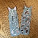 Grey tortoiseshell Cat bookmark. Embroidered kitty page keeper