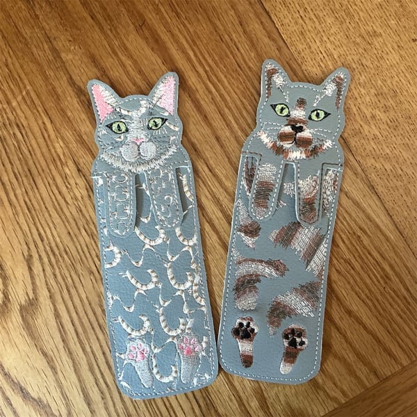 Grey tortoiseshell Cat bookmark. Embroidered kitty page keeper