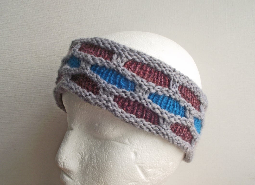 Knitted Headband, Earwarmer or Hairband, Handspun, Grey, Turquoise and Burgundy