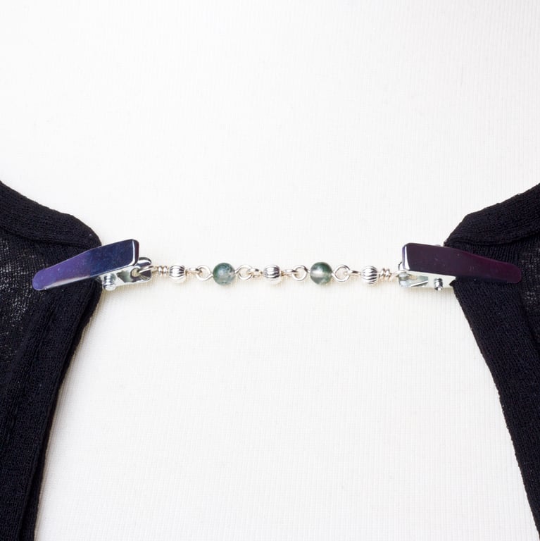 Cardigan clips - Green Moss Agate and bead sweater clip - Gemstone