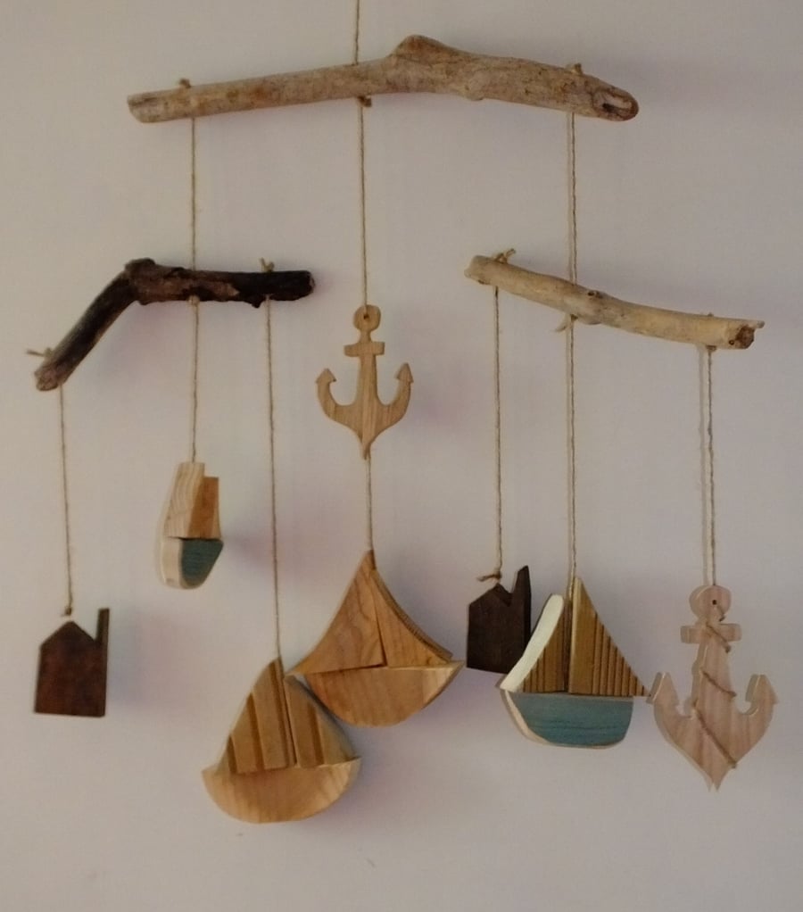 Driftwood mobile with sailing boats, anchors & Cornish tin mine engine houses 