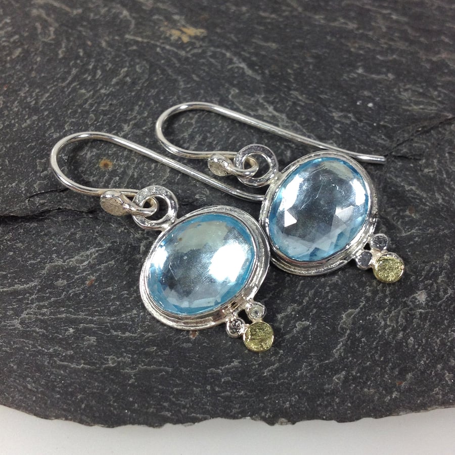 silver 18ct gold and blue topaz earrings