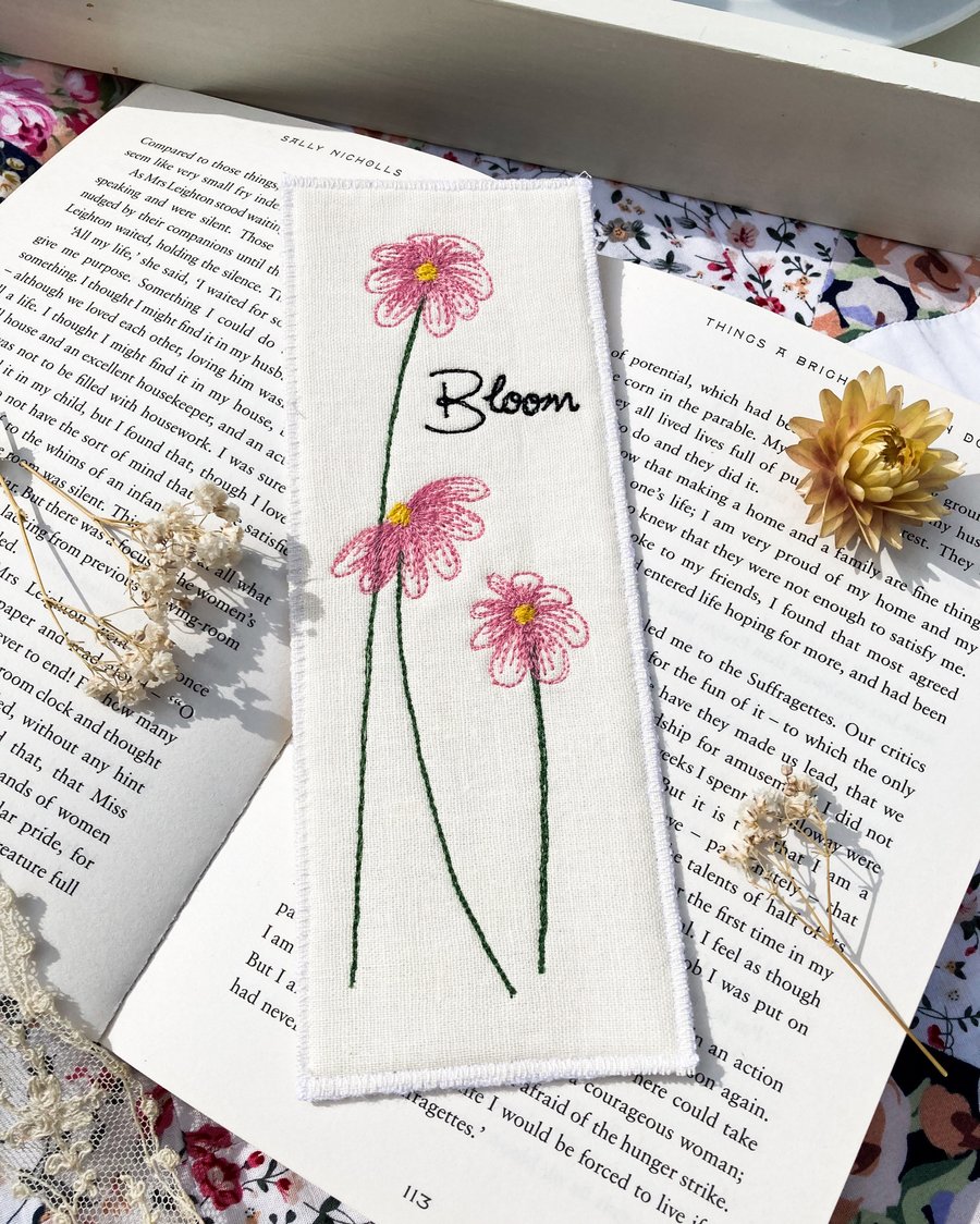 Linen Flower Bookmark, Bookworm Gifts, Embroidered Floral Bookmark