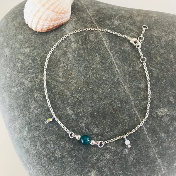 Anklet bracelet with blue Apatite gemstone bead