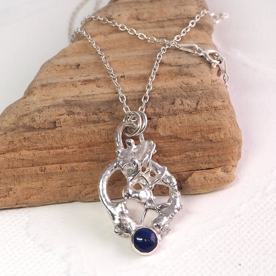 fused silver and lapis lazuli pendant necklace, molten silver, Eco-friendly
