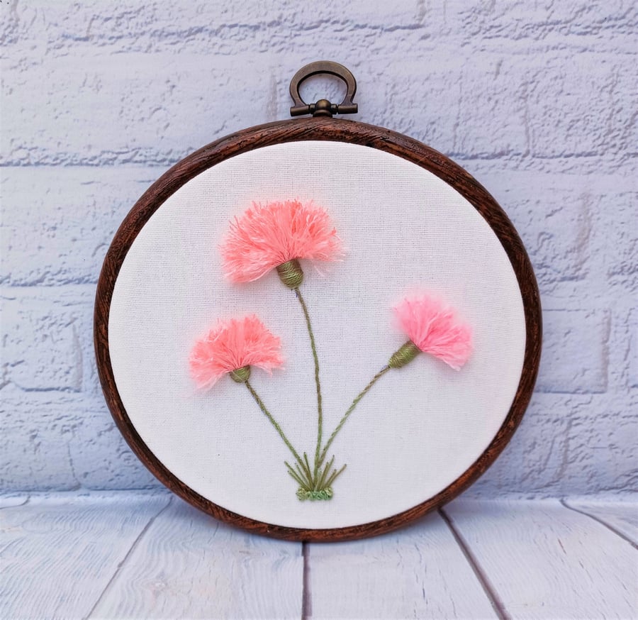 Pink Dandelion Hoop, Dandelion Embroidery, 3D Embroidery, Stumpwork Embroidery, 