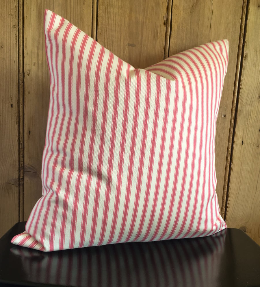 Pink and Cream Ticking Cushion Cover