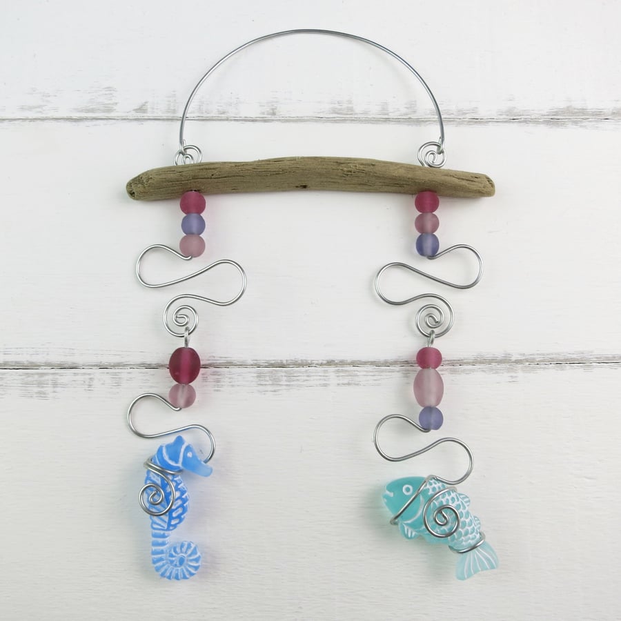 Fish and Seahorse Driftwood Mobile with Pink Glass Beads